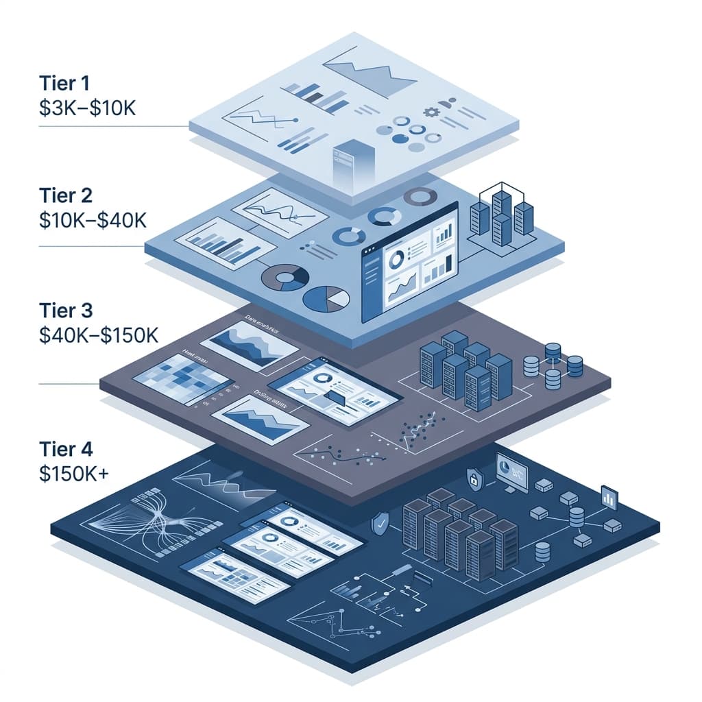 Web app development cost tiers from MVP to enterprise four budget levels illustrated