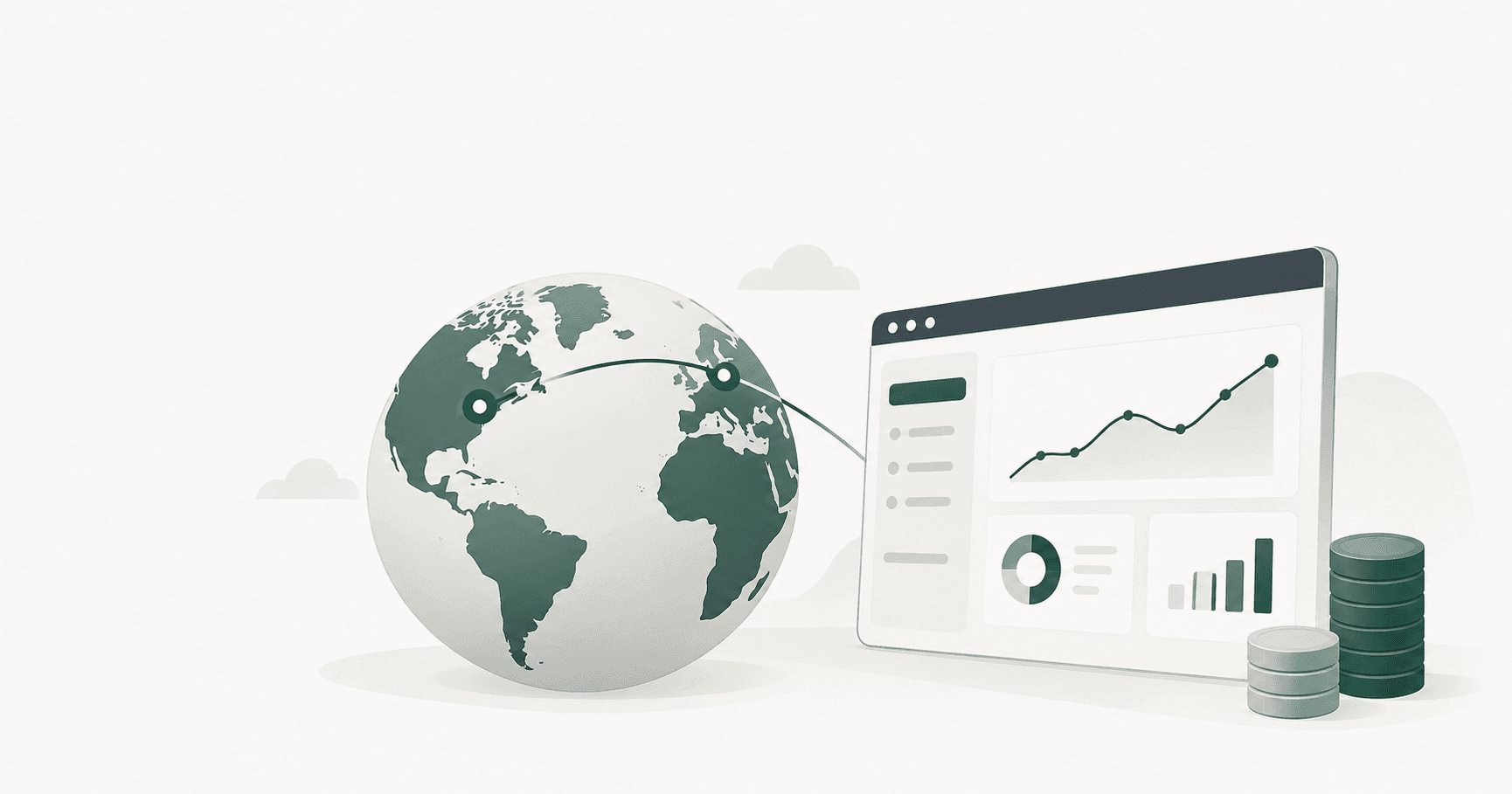 A globe with a line connecting two regions, an app screen and coin stacks, showing the cost of building an MVP in India vs the US