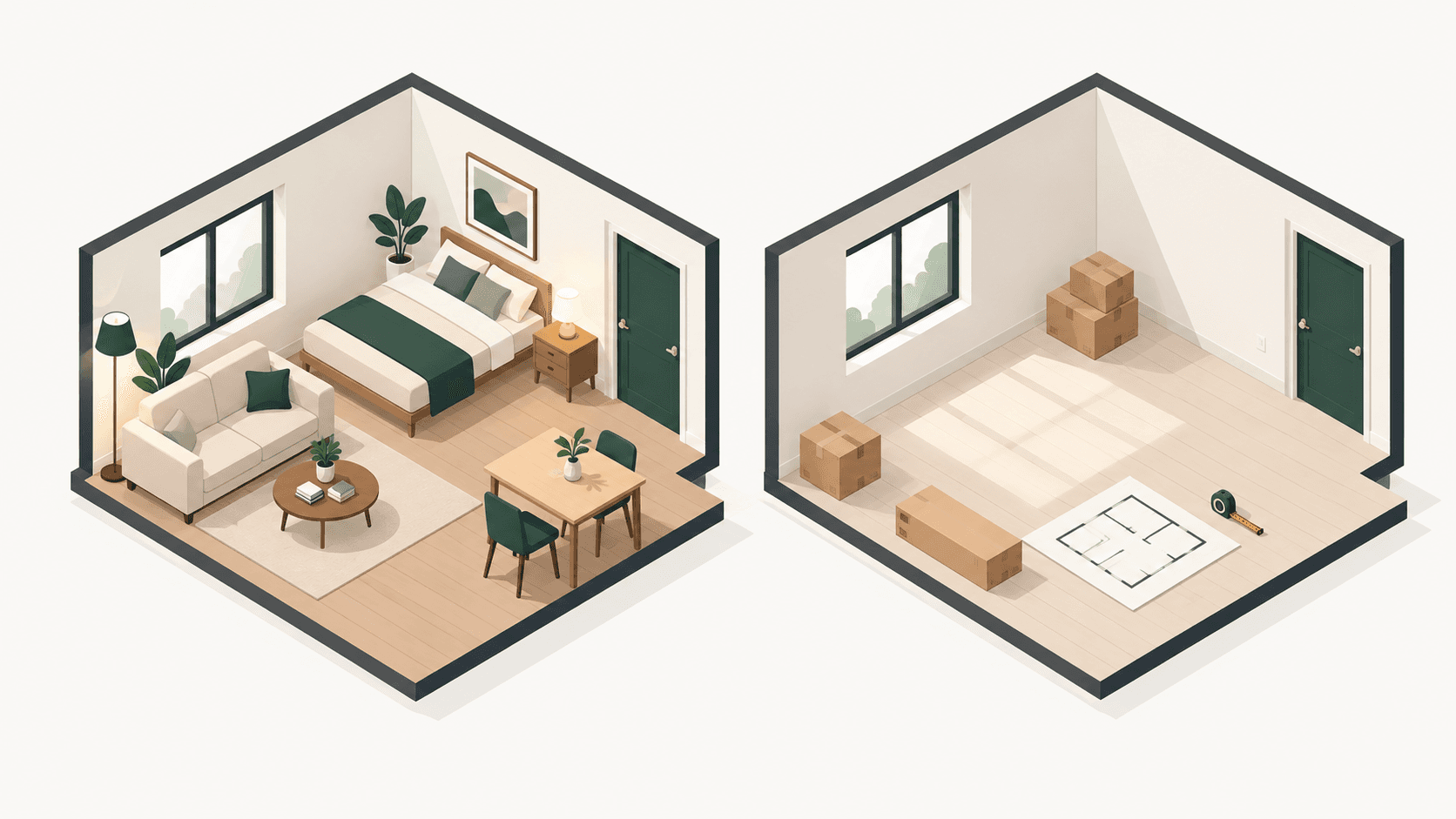 A furnished flat on the left representing Laravel and an empty flat with boxes and a floor plan on the right representing Next.js