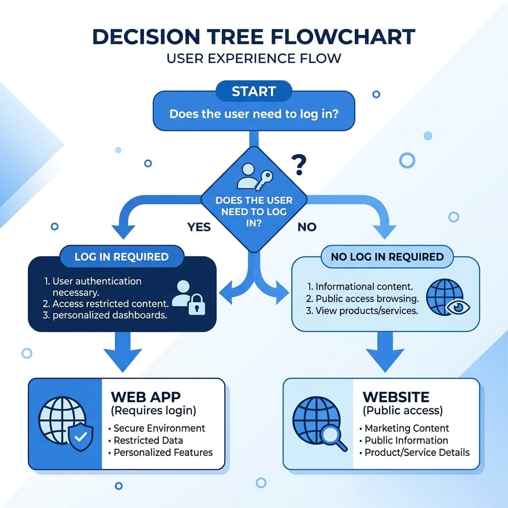 Decision flowchart to help businesses choose between building a website or a web application
