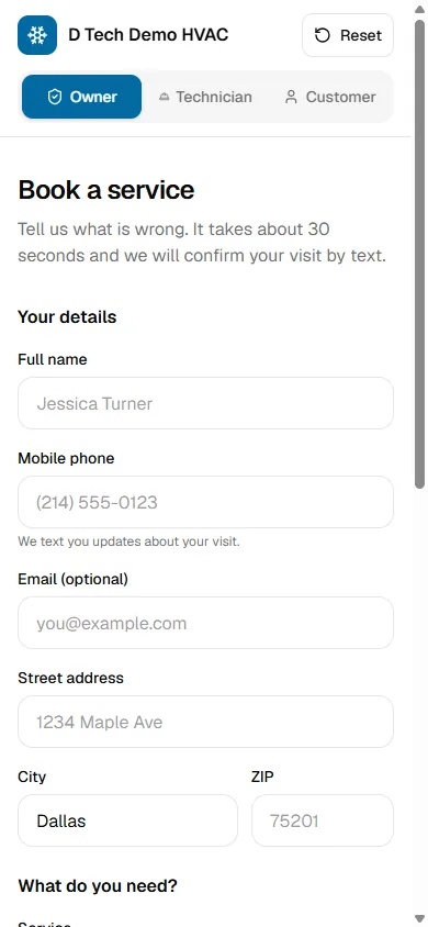 Customer booking form on a phone in the HVAC demo, with the Book a service heading and fields for name, phone, email, street address, city and ZIP.