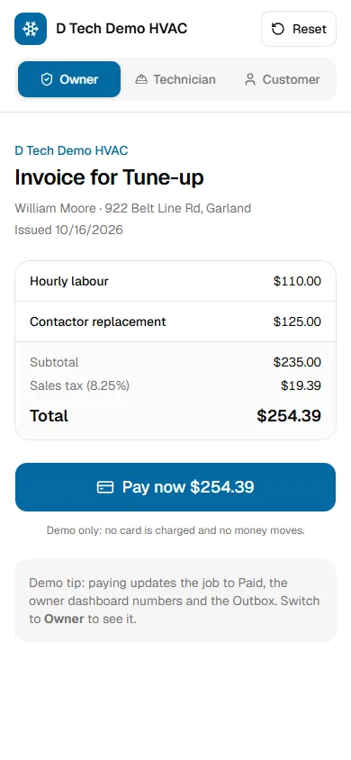 Invoice page on a phone in the HVAC demo with two line items, sales tax, a total and a Pay now button marked as demo only.