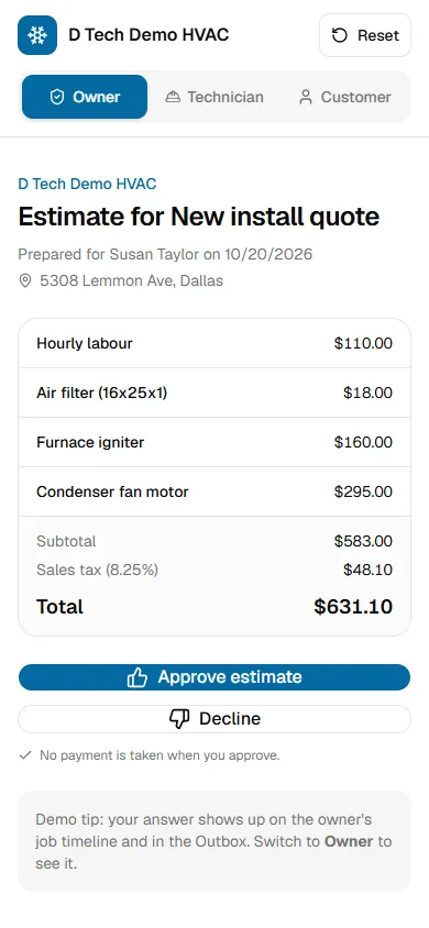 Estimate page on a phone in the HVAC demo with labour and parts, sales tax, a total, and Approve estimate and Decline buttons.