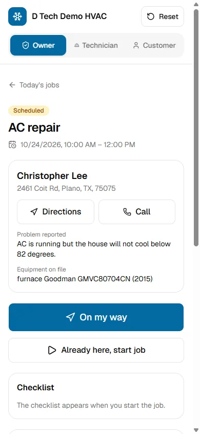 Technician job screen on a phone in the HVAC demo: a scheduled AC repair with Directions, Call, On my way and Already here buttons.