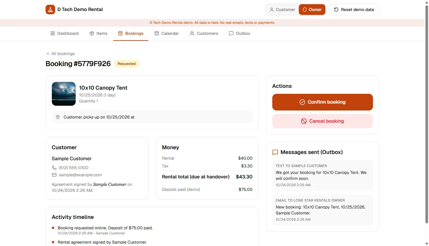 Booking detail screen in the rental demo showing the item, dates, customer, price and deposit, Confirm and Cancel buttons, messages sent and an activity timeline.