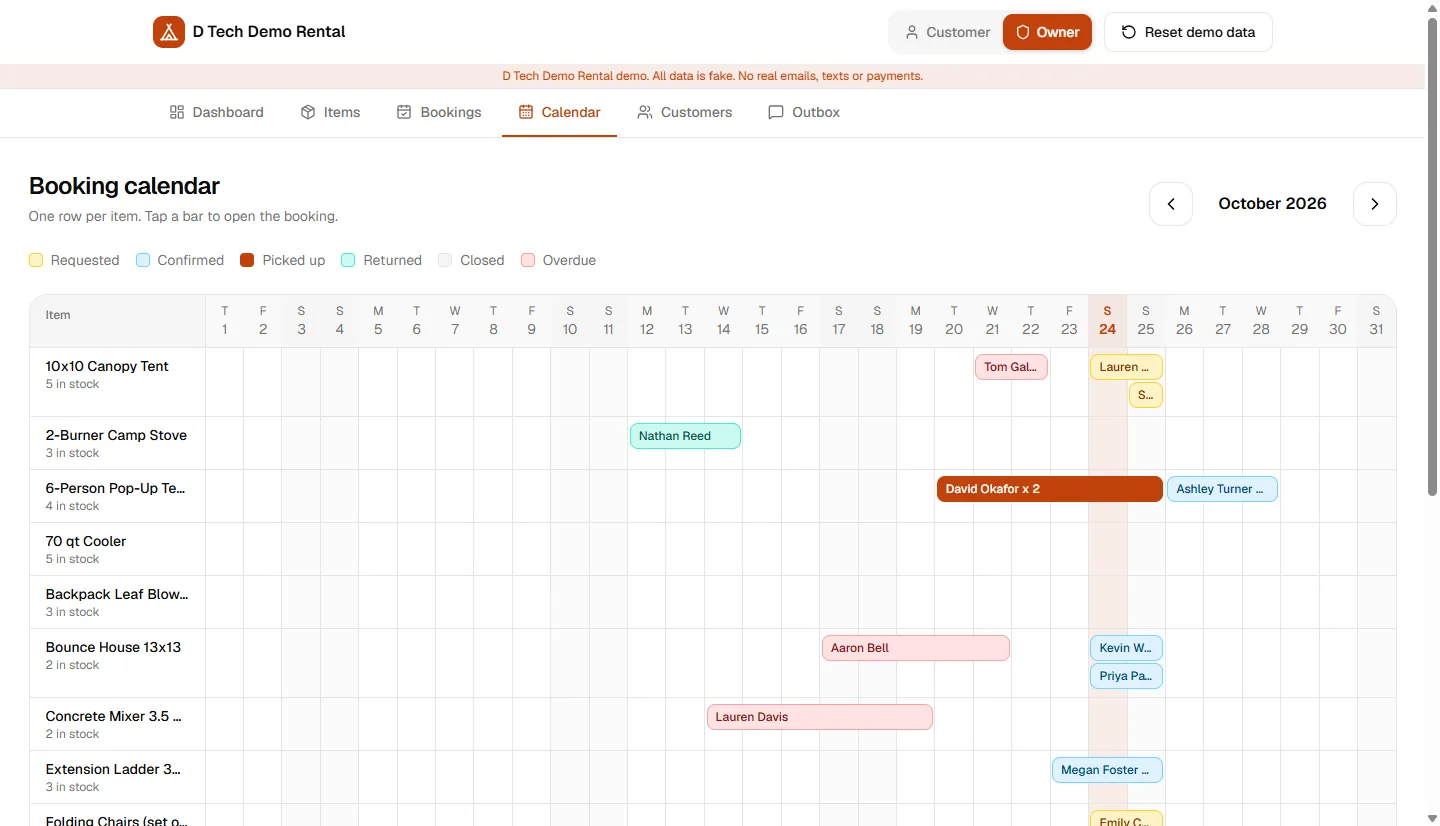 Booking calendar for October in the rental demo with one row per item and coloured bars for requested, confirmed, picked up and overdue bookings.