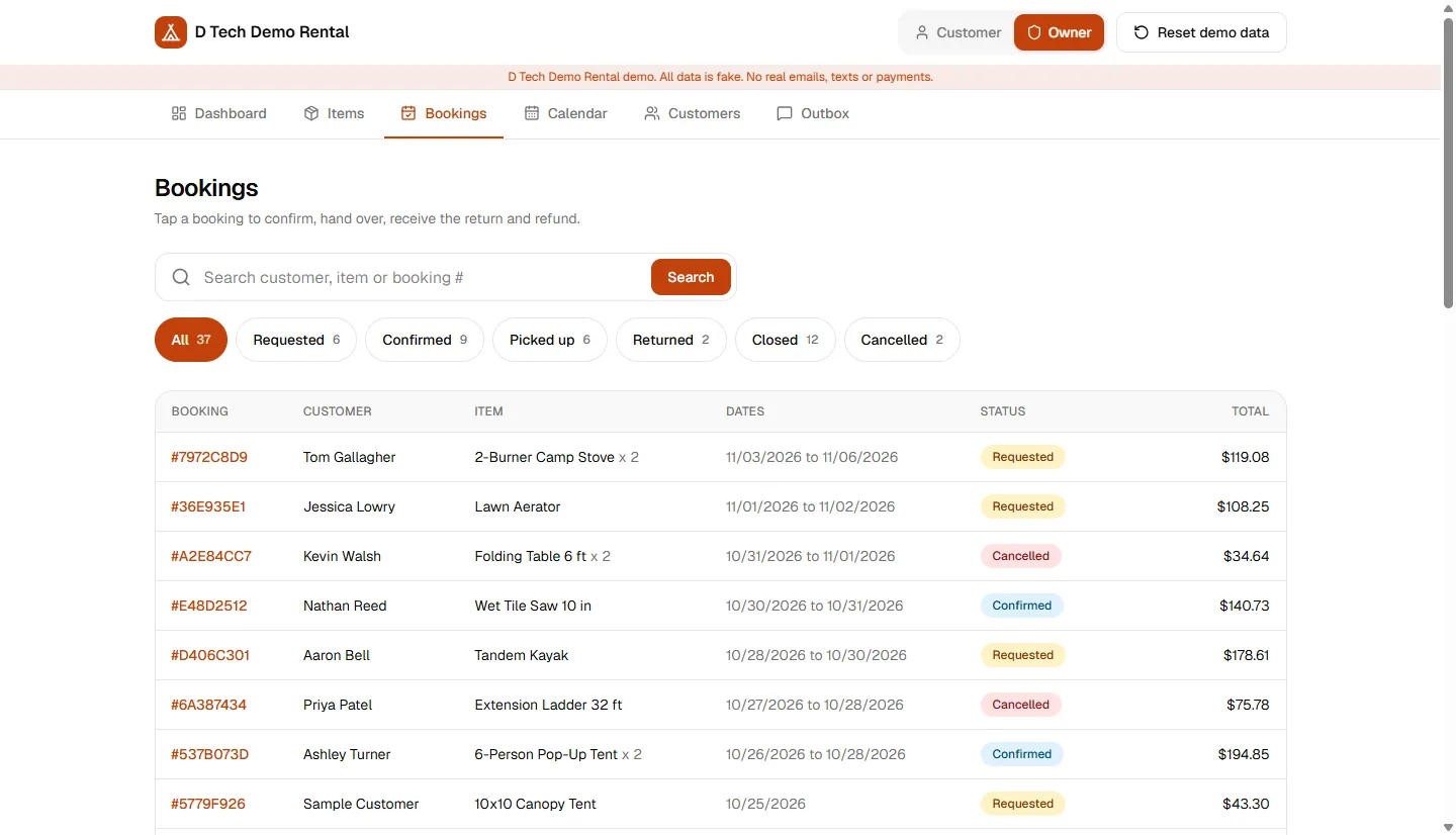 Bookings list in the rental demo with filter buttons for each status, a search box and a table of bookings with item, dates, status and total.