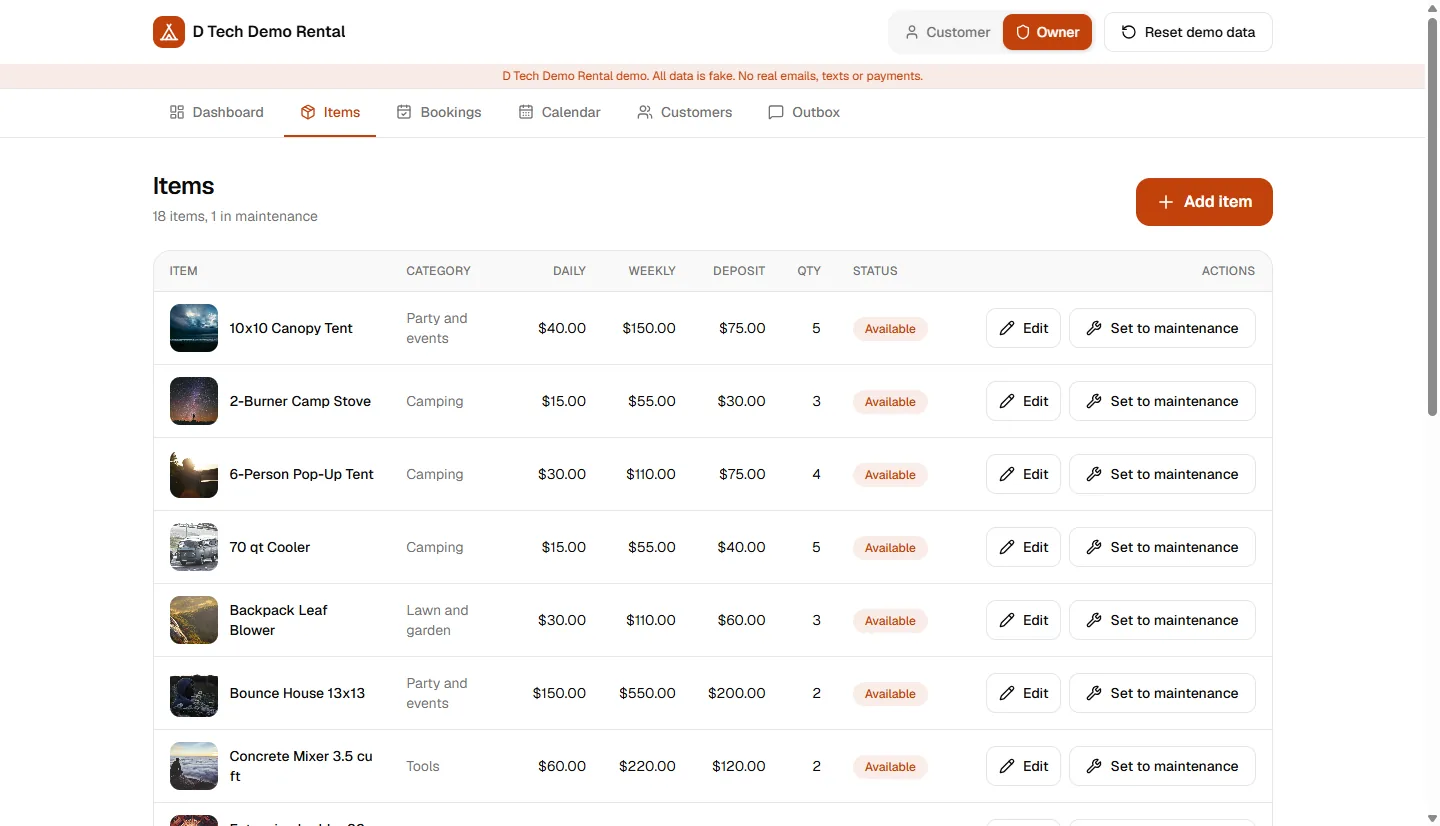Items table in the rental demo listing category, daily rate, weekly rate, deposit, quantity and status, with Edit and Set to maintenance buttons.