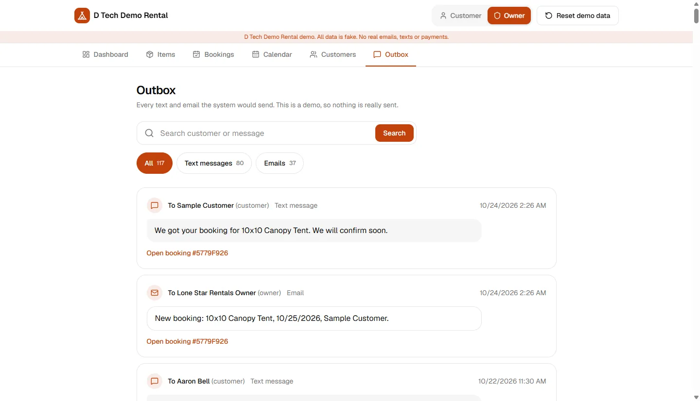 Outbox screen in the rental demo listing text messages and emails the system would send, with a search box and filters for texts and emails.