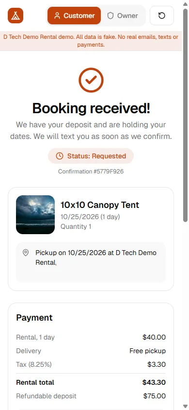 Booking received page on a phone in the rental demo with the status Requested, the item and dates, and a payment summary.