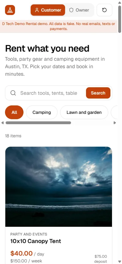 Rental demo catalogue on a phone with a search box, category buttons and the first item card, a 10x10 canopy tent with daily price, weekly price and deposit.