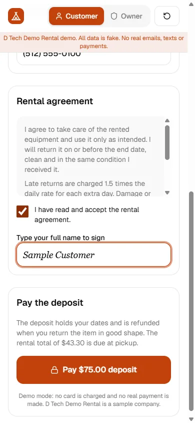 Rental demo checkout on a phone with the rental agreement, a ticked agreement box, a typed-name signature field and a Pay deposit button marked as demo.
