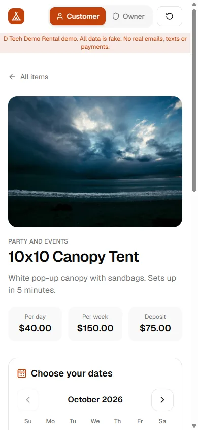 Rental demo item page on a phone showing a canopy tent with per day, per week and deposit prices above the date picker.