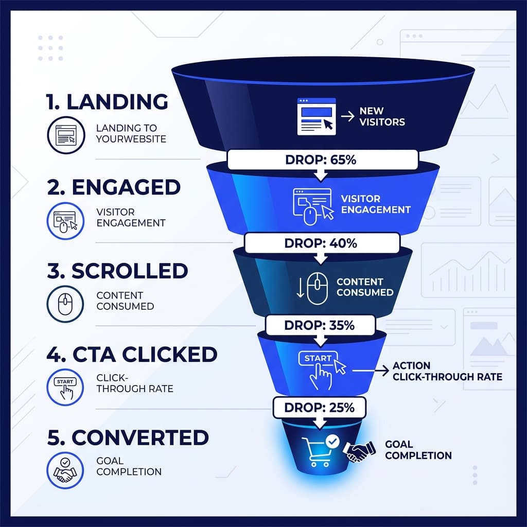 Website conversion funnel diagram showing drop-off stages from landing to conversion