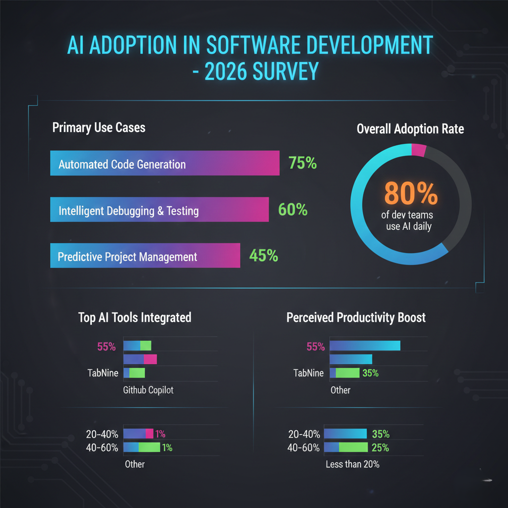 Infographic showing AI developer adoption statistics and productivity gains in 2026